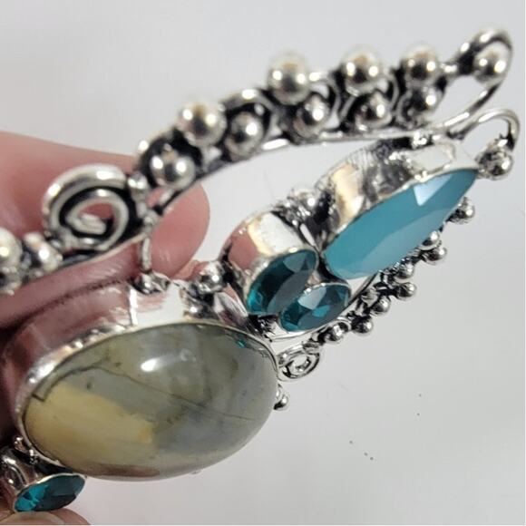 Handmade Silver Pendant Necklace with Labradorite, Blue Topaz & Turquoise Gems - Picture 9 of 10